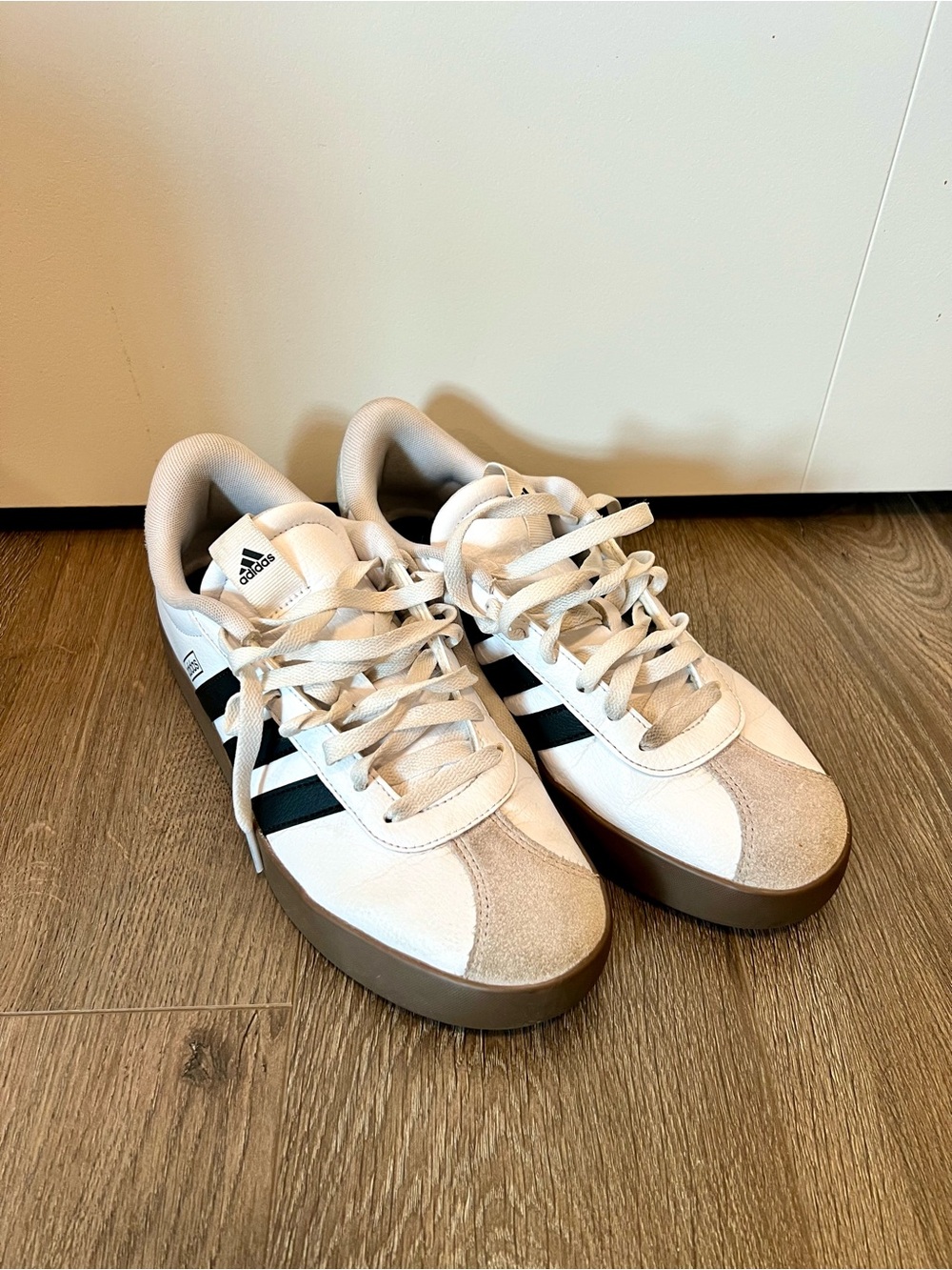 adidas Court White Sneakers with Black Stripes and Gum Sole